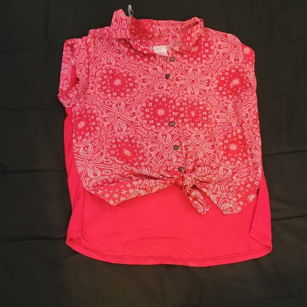 No Boundaries Red Button Down Shirt with Knotted Detail